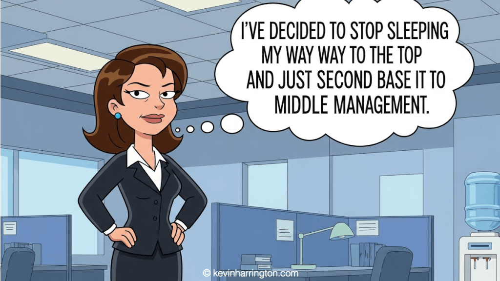 I’ve decided to stop sleeping my way to the top and just second base it to middle management. • Kevin Harrington I’ve decided to stop sleeping my way to the top and just second base it to middle management.