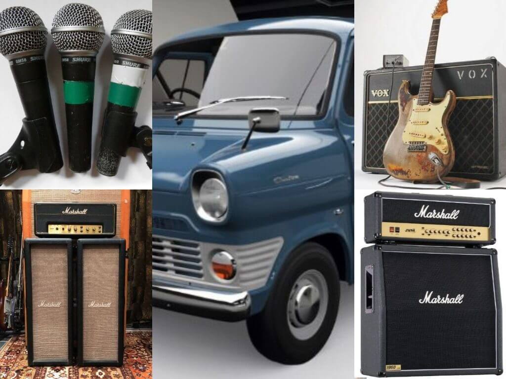 1970s-collage • Kevin Harrington 1970s iconic live music gear: Shure SM58, Marshall amp, Vox amp, Fender Stratocaster and a Ford Transi Van/