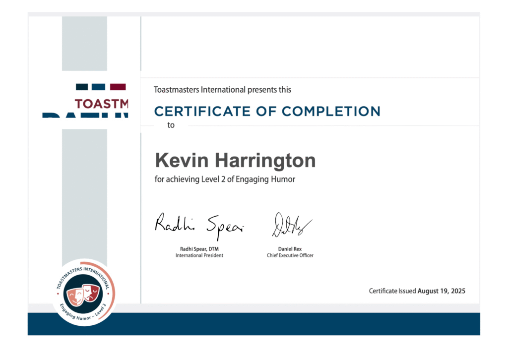 Toastmasters - Engaging Humor level 2 - EH2 - certificate • Kevin Harrington Toastmasters - Engaging Humor level 2 - EH2 - certificate