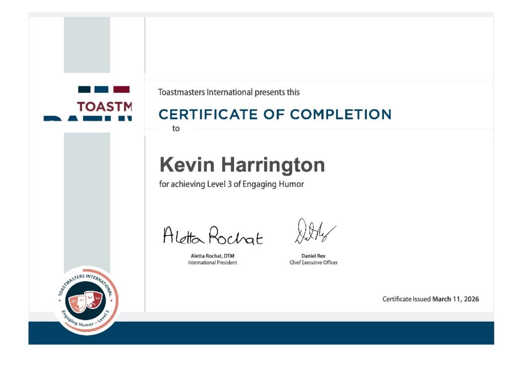 Toastmasters - Engaging Humor level 3 - EH3 - certificate • Kevin Harrington